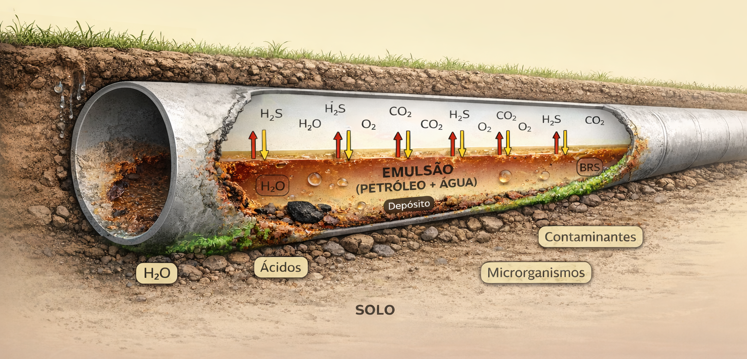 Representação esquemática dos principais mecanismos de degradação interna em oleodutos enterrados, ilustrando a formação de ambientes corrosivos associados à presença de água produzida, emulsões óleo–água, contaminantes químicos (CO₂, H₂S e O₂), microrganismos e depósitos sólidos. A figura está diretamente relacionada ao estudo apresentado neste artigo, pois sintetiza, de forma conceitual, as condições operacionais e ambientais que favorecem a corrosão interna localizada em dutos de campos maduros, mecanismo que levou à perda progressiva de espessura da parede, à concentração de tensões e, consequentemente, à falha estrutural analisada. O esquema antecipa visualmente os fenômenos discutidos ao longo do trabalho e corroborados pelos resultados experimentais e pelas análises metalúrgicas, microestruturais e normativas desenvolvidas.